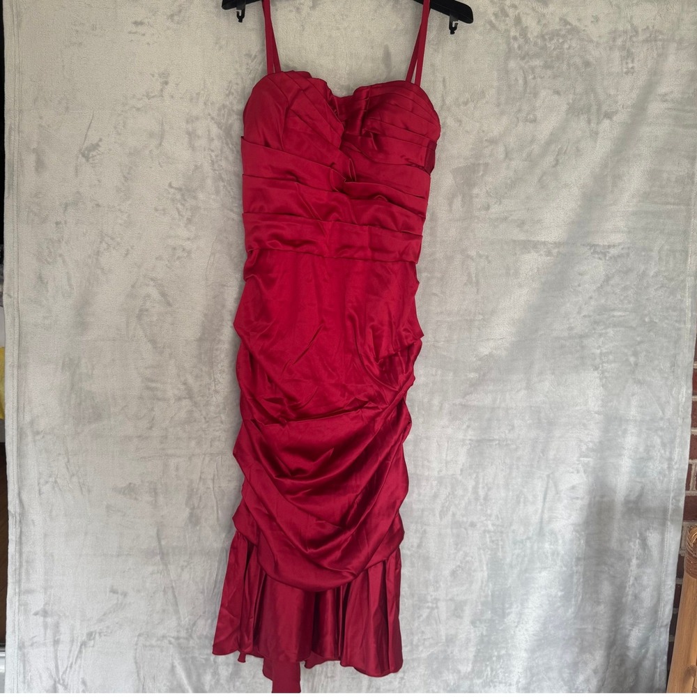 NWT Dolce & Gabbana Red Satin Ruched Ruffle Hem Cocktail Dress Womens IT46 US 10